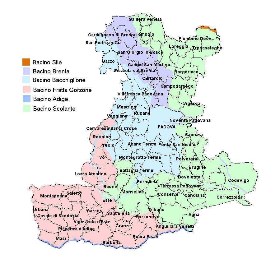 3. Inquadramento territoriale: i bacini idrografici Di seguito vengono brevemente descritti i bacini idrografici che interessano la provincia di Padova (Fig. 3.1.) Figura 3.