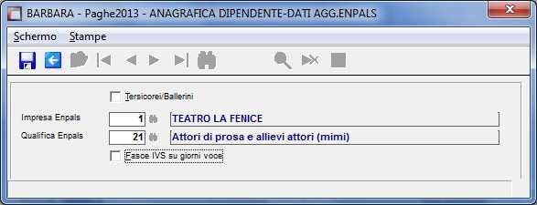 Premere il bottone Enpals, dove verranno richiesti i seguenti dati : Attivare il check Tesicorei/Ballerini solo in presenza di tali soggetti; i codici