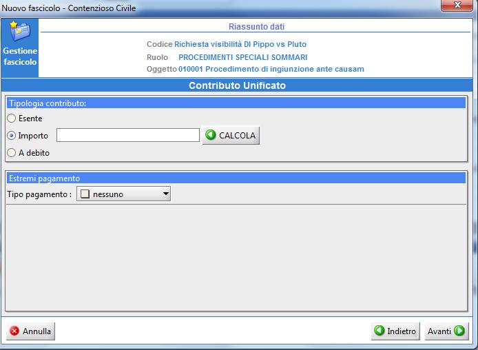 Nella maschera successiva relativa al Contributo Unificato