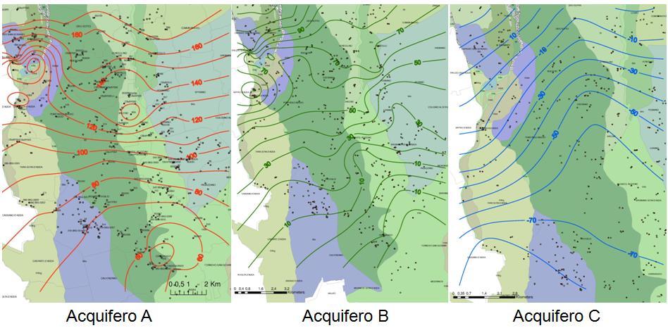 s.l.m. a sud e 170 m s.l.m. circa a nord; quindi spostandosi da Nord verso Sud la base dell acquifero si trova via via a profondità maggiori rispetto alla superficie topografica, come è visibile in Figura 7.