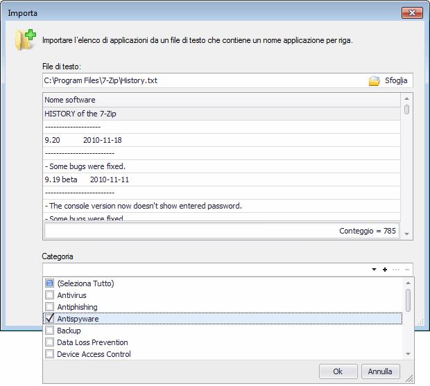 Schermata 78: Importazione di software in una categoria 2. Selezionare il file di testo contenente il nome del software e scegliere la categoria in cui si desidera includerlo. 6.7.13 Personalizzazione del software Per personalizzare il software in una categoria: 1.