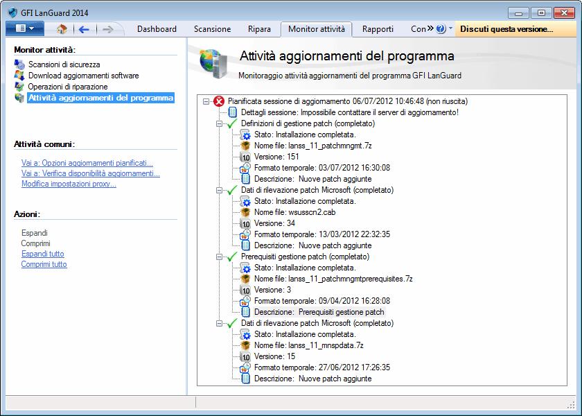 Schermata 128: Attività aggiornamenti prodotto - Aggiornamenti GFI LanGuard Per monitorare gli aggiornamenti agente GFI LanGuard: 1.