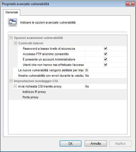 Schermata 165: Finestre di dialogo Scansione delle vulnerabilità avanzate Opzioni vulnerabilità avanzate sono utilizzate per: Configurare le funzioni estese di scansione delle vulnerabilità che