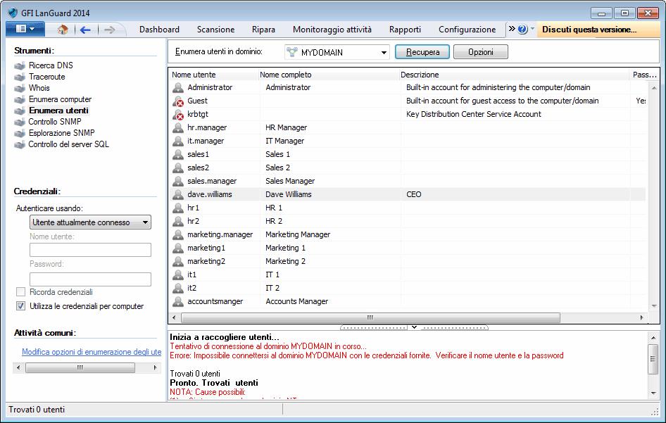13.5 Enumera utenti Schermata 180: Finestra di dialogo dello strumento Enumera utenti Per eseguire la scansione di Active Directory e recuperare l'elenco di tutti gli utenti e i contatti inclusi in