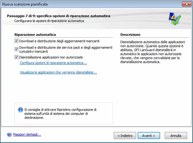 Schermata 38: Opzioni di riparazione automatica della scansione pianificata 10. Dalla finestra di dialogo di riparazione automatica, selezionare le opzioni necessarie, quindi fare clic su Avanti.