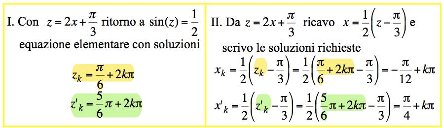 Risolvere sin 2x + π 3 = 1 2 Procedimento algebrico organizzato in due passi: Ho così ottenuto le soluzioni x k = π 12 + kπ, x' k = π