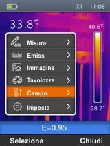 Usare i tasti o per selezionare il tipo di tavolozza colori desiderata tra le opzioni: Ferro, Arcobaleno, Grigio e Grigio Inverso osservando la modifica della selezione a display 3.