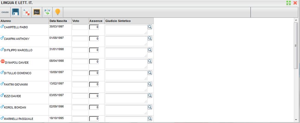 Si apre una finestra di questo genere, nella quale si possono inserire voti e assenze: NOMI ALUNNI La gestione di questa finestra è simile a quella già