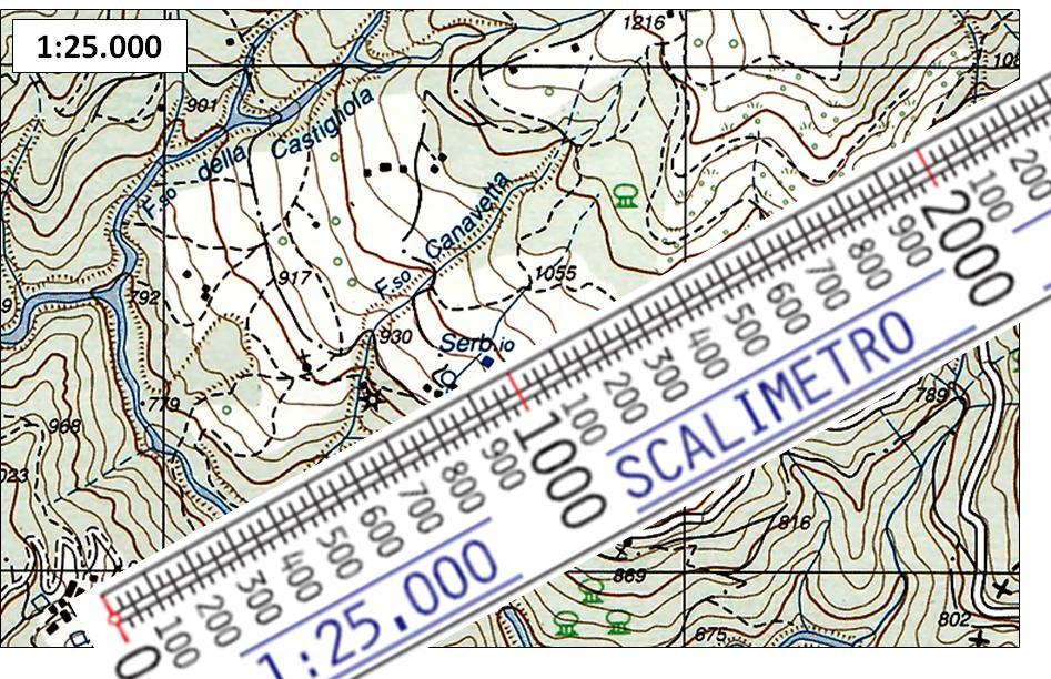 Scalimetro Permette di leggere direttamente sulla mappa le distanze in linea d aria senza poi dover fare altri calcoli.