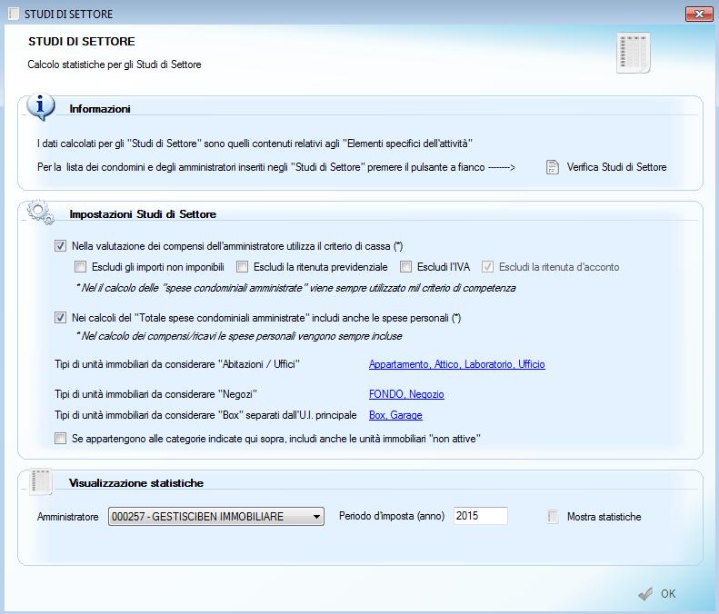 Calcolo dei valori da inserire negli Studi di Settore Impostazione dati generali Una volta impostati correttamente condomini ed esercizi fare click su menu Fiscali Studi di Settore per aprire la