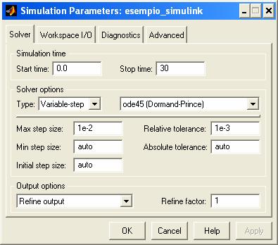 Come impostare i parametri della simulazione time Signal Generator disturbo sin Product Clock To Workspace1 d Step2 To Workspace4 disturbo a gradino Sum2 e Pulse Generator u e R u G ingresso di