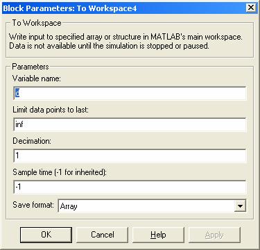 Alcune note sull esportazione di dati da Simulink a Matlab Con il blocco to Workspace Scegliere il nome della variabile Formato di salvataggio (save format): Array variabile in forma vettoriale