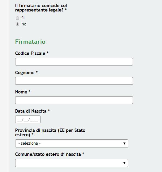 Figura 10 Modulo 2 Firmatario deverso da rappresentante legale ATTENZIONE I campi marcati dall asterisco sono obbligatori. Al termine della compilazione, cliccare su per accedere al modulo successivo.