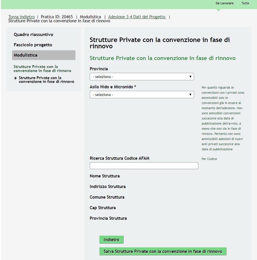 Figura 21 Modulo 3 Strutture private con la convenzione in fase di rinnovo Al termine della compilazione, cliccare su per accedere al modulo successivo.