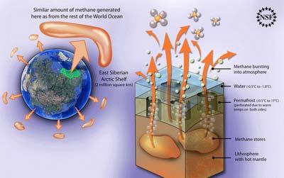 1. Esempio di un effetto feed-back: aumento T Il riscaldamento globale provoca la decomposizione degli idrati di metano dai fondali delle coste artiche (non considerato da IPCC AR4!