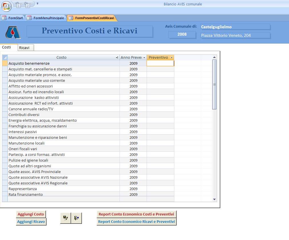 Reportistica di chiusura bilancio 1 2 1- Selezionare la scheda Costi 2- Inserire gli importi del preventivo per i costi necessari 3- Salvare i dati inseriti