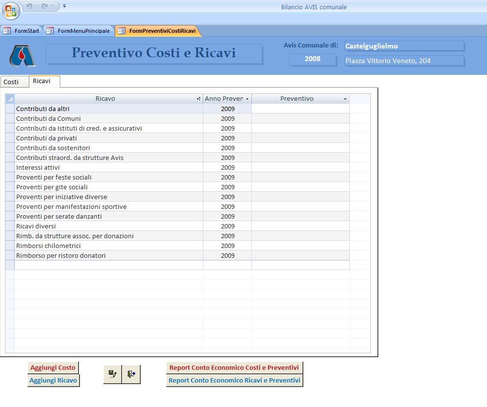 Reportistica di chiusura bilancio 1 1- Selezionare la scheda Ricavi 2 2- Inserire gli importi del preventivo per i ricavi necessari 3- Salvare i dati inseriti