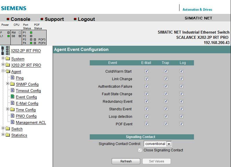 5.3 Nel menu Agent 5.3.10 Event Config Agent Event Configuration Su questa pagina si definisce come devono reagire gli switch IE X-200 agli eventi di sistema.