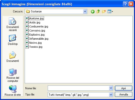 Si apre il dialog Scegli Immagine: Si potranno importare immagini in tutti i formati (.bmp,.gif,.jpg,.