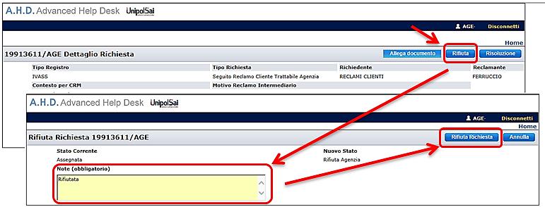 4.2 RIFIUTO IN AHD DA PARTE DELL AGENZIA Nel solo caso che il reclamo non fosse di pertinenza dell Agenzia, cliccando