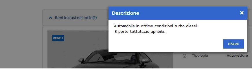 Cliccare sul simbolo per aprire il dettaglio dei beni. Figura 5 passo 1 beni inclusi Dettaglio dei Beni contenuti nel presentando l Offerta.