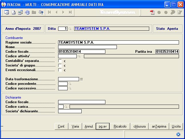 Rispondendo affermativamente si accederà alla compilazione manuale. Dettagliamo ora le varie Sezioni che compongono la Comunicazione annuale dati Iva.