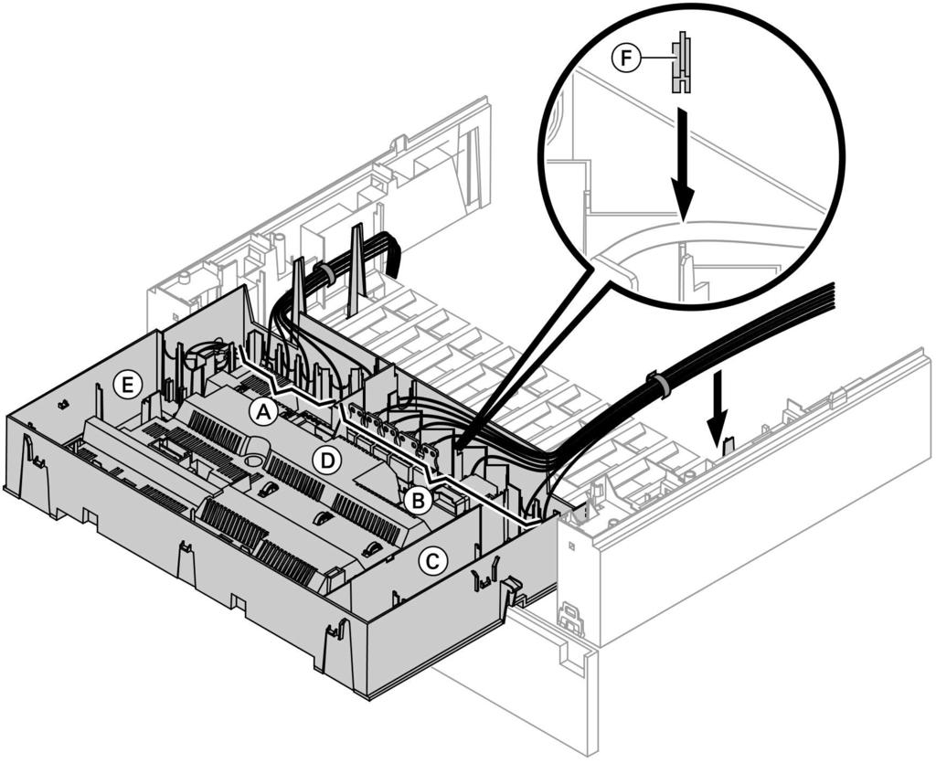 Sequenza di montaggio Allacciamenti elettrici (continua) A Allacciamenti a bassa tensione B 230 V allacciamenti C Completamento interno D Scheda base stampata E Modulo comunicazione F Guarnizione per