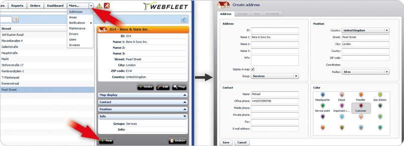Gestione degli indirizzi Gestione degli indirizzi WEBFLEET ti consente di gestire gli indirizzi che utilizzi ogni giorno. Puoi utilizzare gli indirizzi per inviare i tuoi ordini.