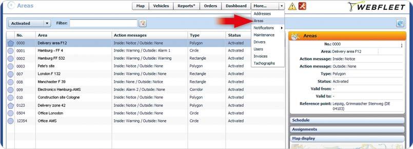 Utilizzo delle aree Utilizzo delle aree WEBFLEET offre una soluzione che consente di tenere traccia dei tuoi veicoli segnalandone la posizione in relazione ad aree specifiche.