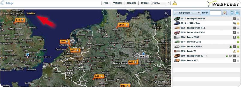 Zoom e trascinamento Dopo aver effettuato l'accesso a WEBFLEET, viene visualizzata la mappa che mostra tutti i veicoli appartenenti al gruppo selezionato. Utilizzare lo zoom sulla mappa è semplice.