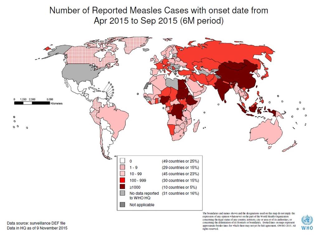 Situazione del morbillo e della rosolia nel mondo MORBILLO La Figura 4 mostra il numero di casi di morbillo segnalati nel mondo, con data d insorgenza sintomi da ile 2015 a tembre 2015 (6 mesi).