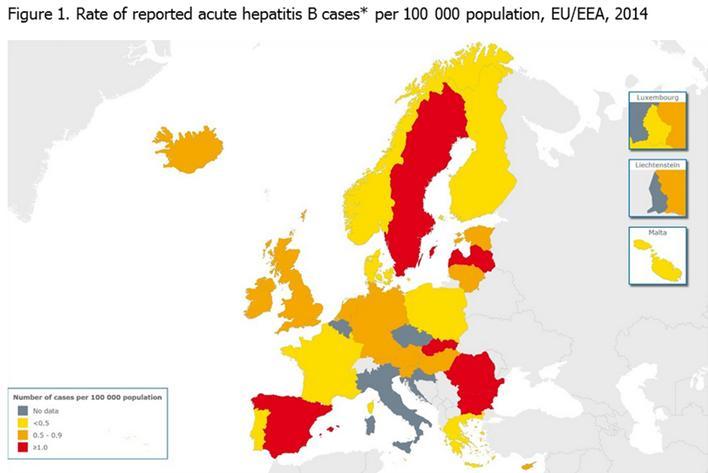 Casi di epatite B acuta e cronica (2014) Il numero di nuovi casi varia da 0 a 15 per 100,000 abitanti con una media di 1,5 casi per 100,000 abitanti