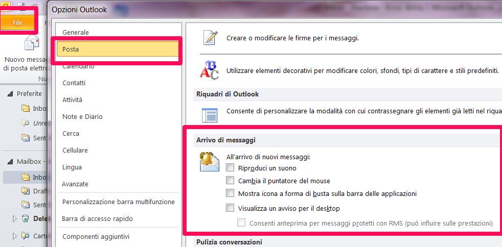 Effective EDGE for Professionals Outlook 2010 Steps Guide for the Italian language pack REMOVE EMAIL DISTRACTIONS 1. File 2. Opzioni 3. Posta 4. Arrivo di messagi 5.
