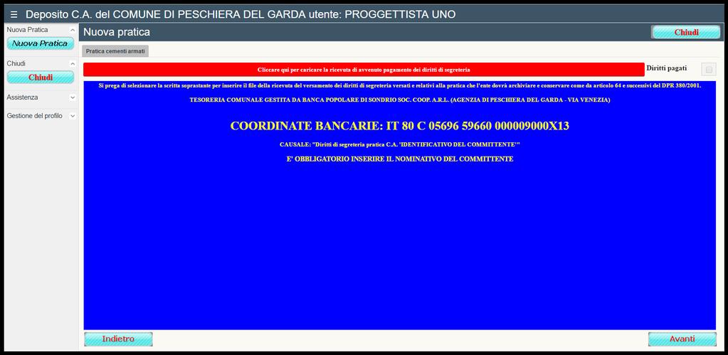 Diritti di segreteria Cliccando su Avanti si aprirà la finestra: Qui è obbligatorio, cliccando sul bottone rosso, la scansione della ricevuta di pagamento (postale o bancaria