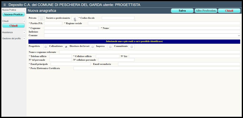 Nel caso in cui non sia presente il nominativo per il campo dell attore, per esempio Collaudatore cliccando sul bottone Nuova anagrafica (a fianco dell