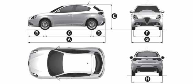 DATI TECNICI DIMENSIONI Le dimensioni sono espresse in mm e si riferiscono alla vettura equipaggiata con pneumatici in dotazione. L'altezza si intende a vettura scarica.