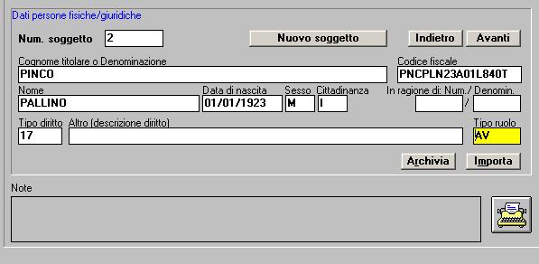 Il soggetto 1 è colui a favore del quale era stata pignorata la quota:si inseriscono i dati anagrafici, il tipo di diritto( 17 Pignoramento (Estinzione)) ed il tipo di ruolo