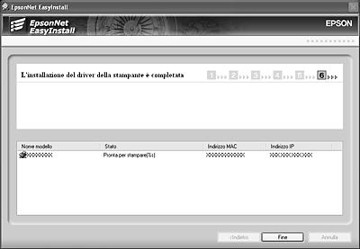 13. Fare clic sul pulsante Fine, quindi seguire le istruzioni visualizzate sullo schermo per completare l'installazione. Risulta ora possibile utilizzare la stampante sulla rete TCP/IP.