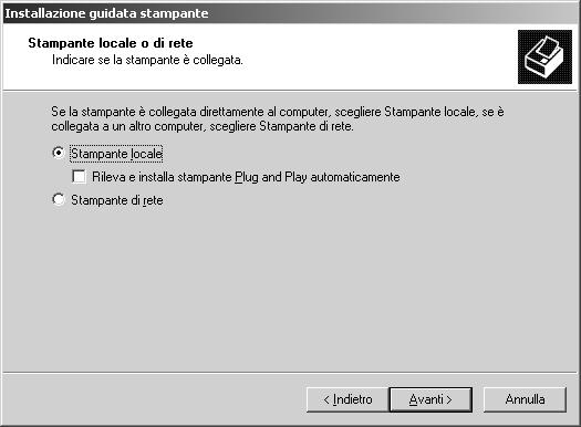 La casella di controllo Rileva e installa stampante Plug and Play automaticamente deve