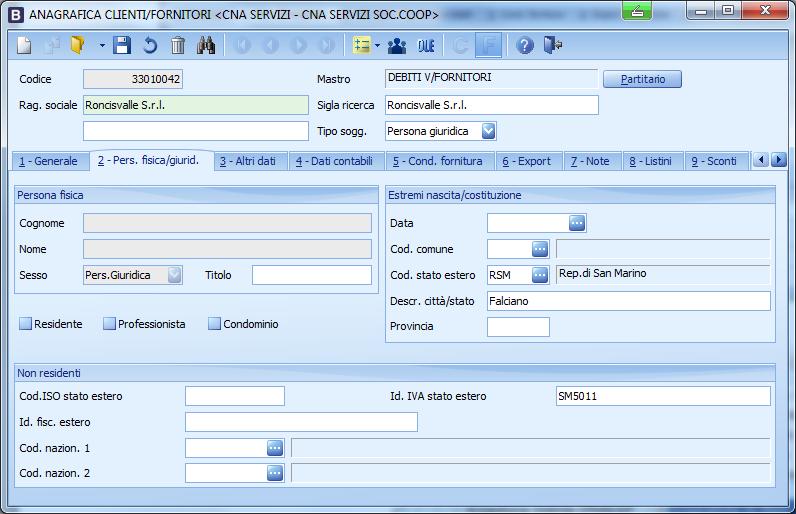 Nella finestra 2 Pers.fisica/giurid., dovranno essere compilati i seguenti dati: Togliere la spunta da Residente.
