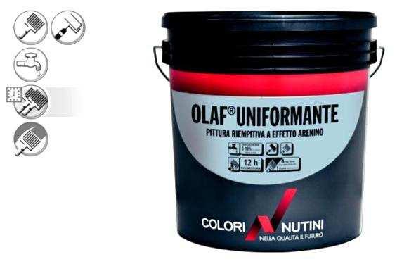 10 m 2 /LITRO RESA INDICATIVA PER MANO 0/10% 12h SOVRAVERNICIABILE 4 m 2 /LITRO RESA INDICATIVA PER MANO OLAF UNIFORMANTE Pittura murale riempitiva per interni indicata per regolarizzare superfici