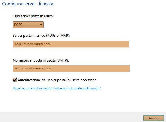 pag. 15 Microsoft Windows Mail 6. Indicate ora i parametri dei vostri server di posta. Il tipo di server posta in arrivo è POP3, per il resto inserite i dati che avete ricevuto. Cliccate su Avanti.