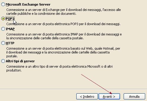 pag. 24 Microsoft Outlook 2003 3. Indicate il tipo di server scelto (in questo caso POP3), e cliccate su Avanti 4. Inserite in questa pagina tutti i parametri di setup dell account.