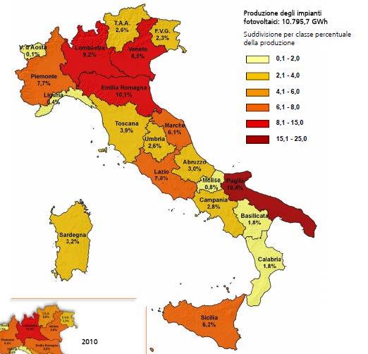 Il fotovoltaico: distribuzione regionale della produzione a