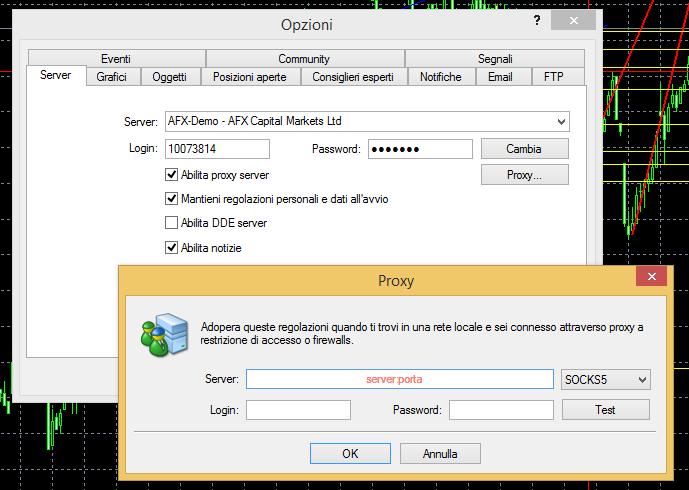 localhost) login e password a piacere. Premo ok, riavvio piattaforma. Metatrader non riconosce niente di tutto questo, così rimane scollegata.