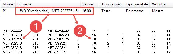 Esempio La funzione =fvf("overlap.dat", "MET-202Z25", 5) è nella casella Formula della finestra di dialogo Variabili. La funzione recupera il valore 16.0 per il profilo MET-202Z25, dal file Overlap.