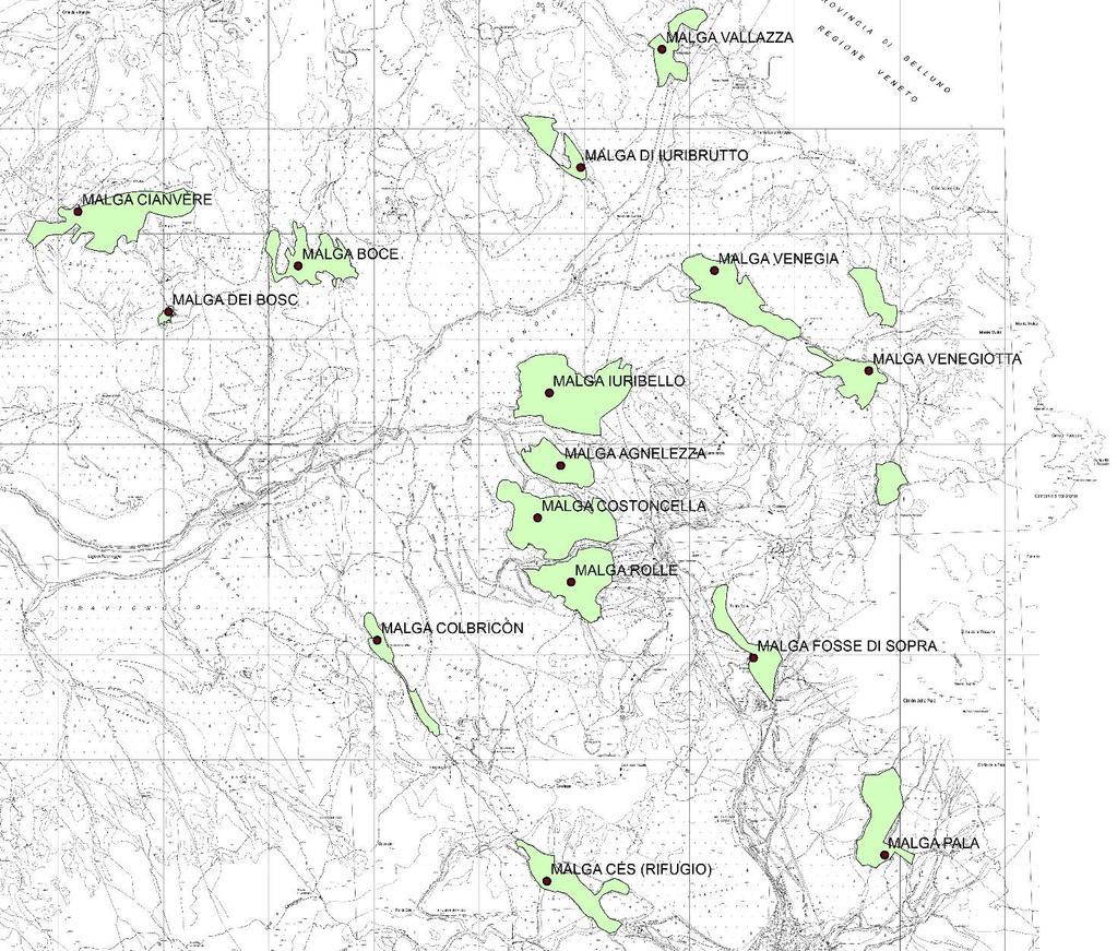 6) AREA DI STUDIO Il nostro studio è rivolto ai prati-pascoli delle 15 principali malghe del Parco Naturale Paneveggio-Pale di San Martino (Fig. 13) a quote che vanno dai 1600 m s.l.m. fino ai 2000 m s.