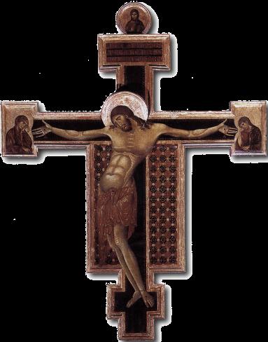 In seguito il pittore Cimabue, importantissimo esponente della pittura romanica, introdusse una nuova iconografia di cristo: il Cristo Patiens morto, sofferente e sconfitto dalla morte Cristo ha gli