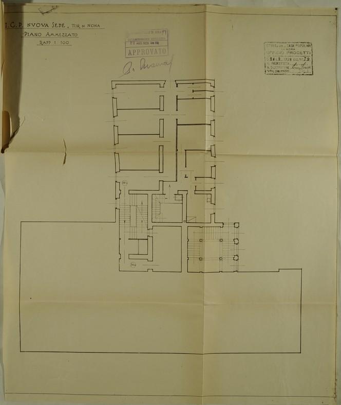 Alberto Calza Bini, sede I.C.P. al Lungotevere Tor di Nona a Roma, progetto di variante, pianta del piano ammezzato.