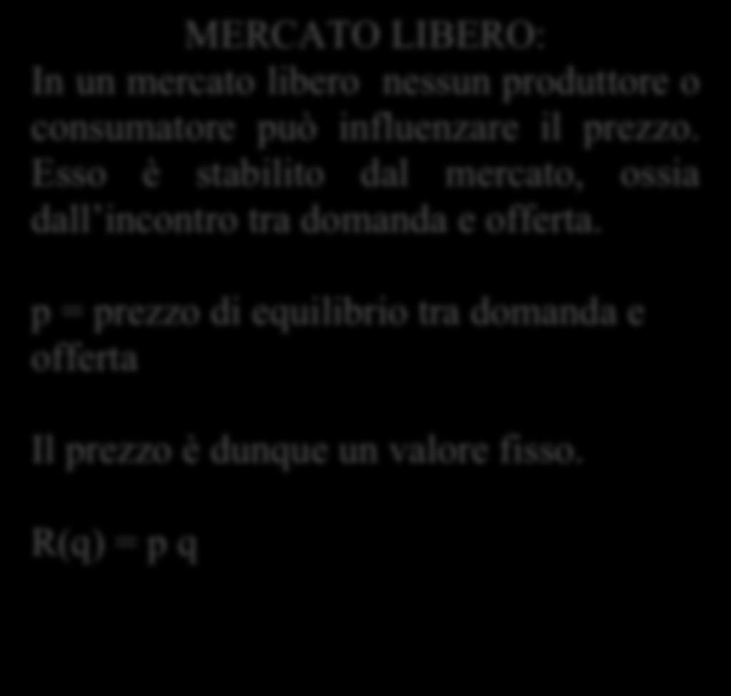 RICAVO TOTALE MERCATO LIBERO: In un mercato libero nessun produttore o consumatore può influenzare il